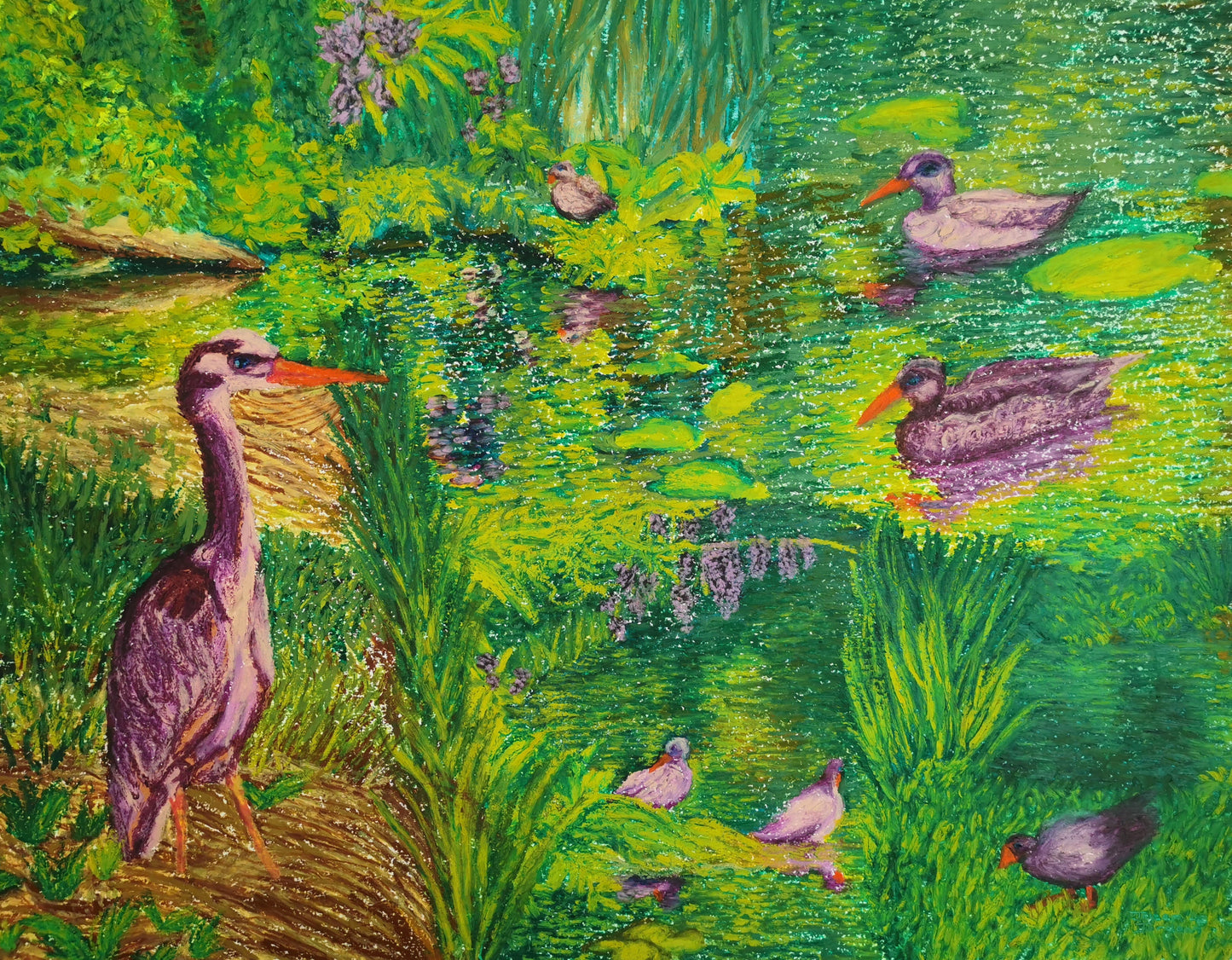 Original Joleen Jordaan oil pastel painting of birds and nature.