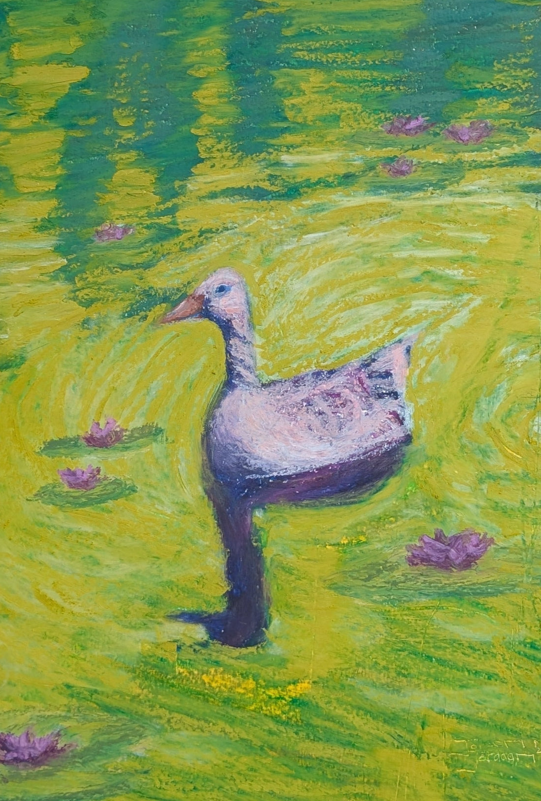 An original oil pastel painting made by Joleen Jordaan. The painting features a goose in the water with water lilies floating around it. It's nature, flowers and water, a very calming painting.