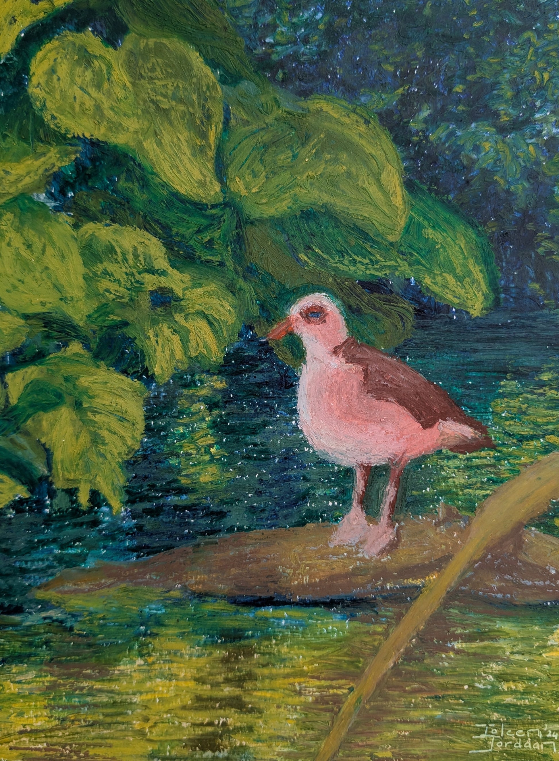 Original oil pastel painting of a bird on a stump in vondelpark. This painting is an original by Joleen Jordaan, and is filled with nature.