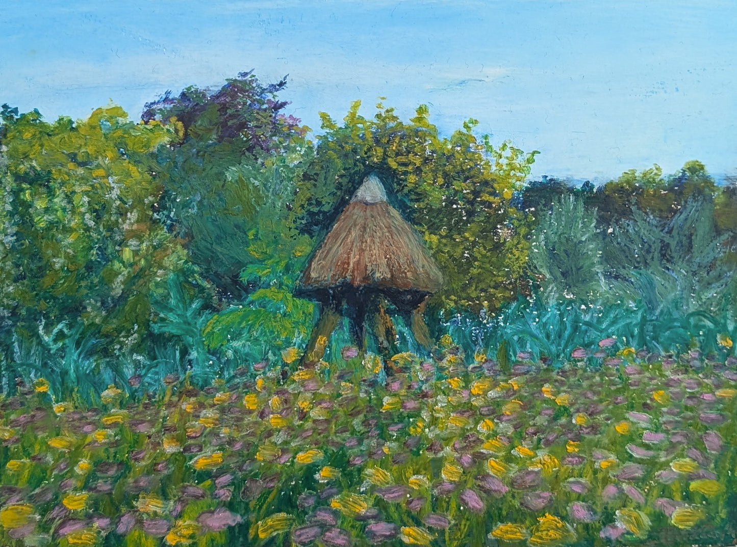 original oil pastel painting of a floral landscape in vondelpark. created by South African visual artist, Joleen Jordaan who is currently living in the Netherlands.